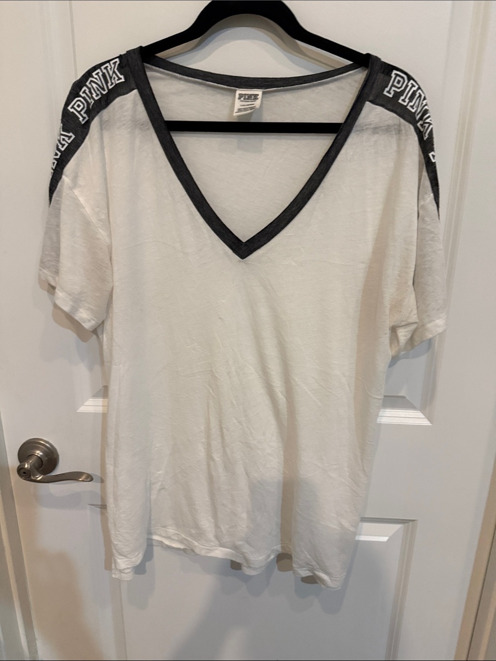 PINK Victoria's Secret White V-Neck Tee with Black Trim